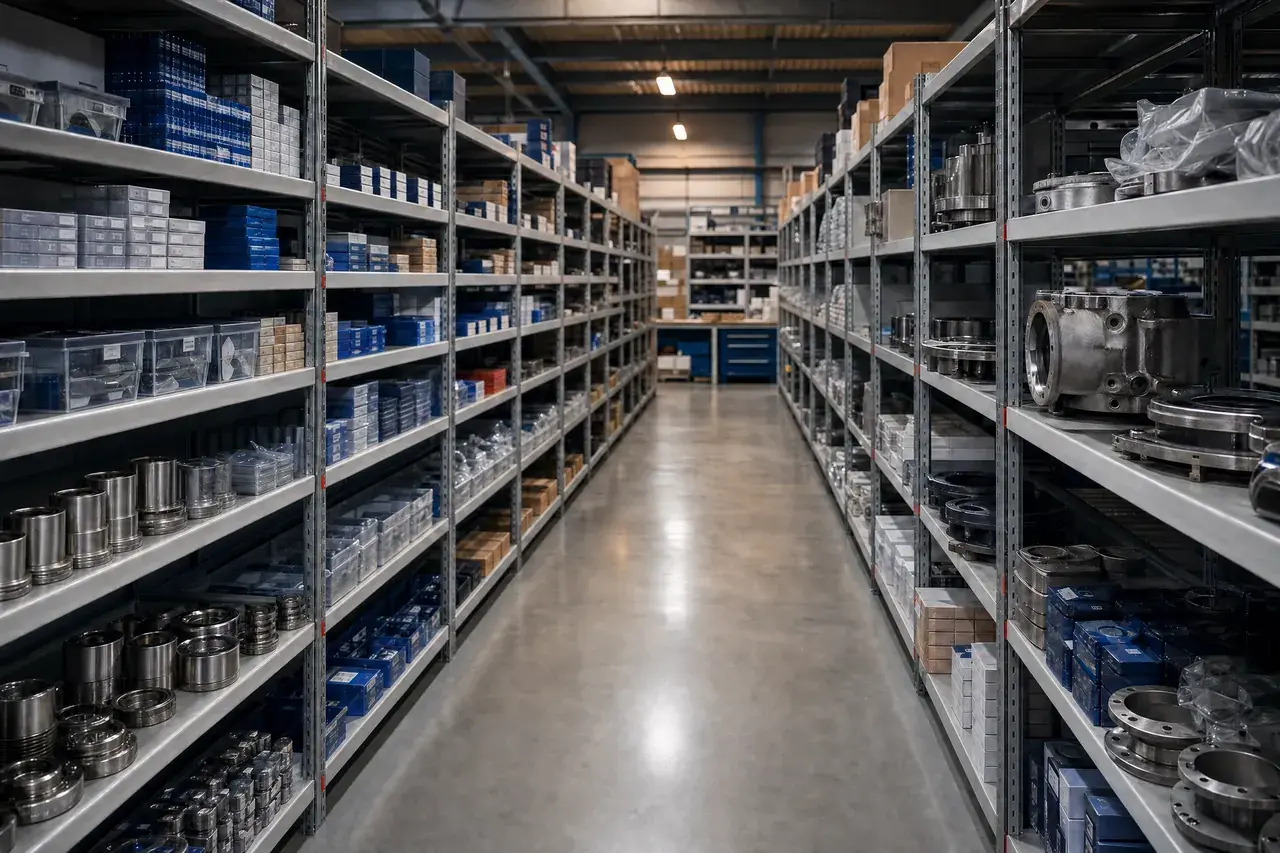 Organised warehouse stocked with vacuum pump spare parts