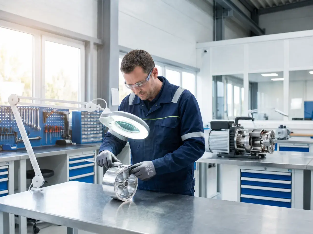 Engineer inspecting precision vacuum pump components in workshop
