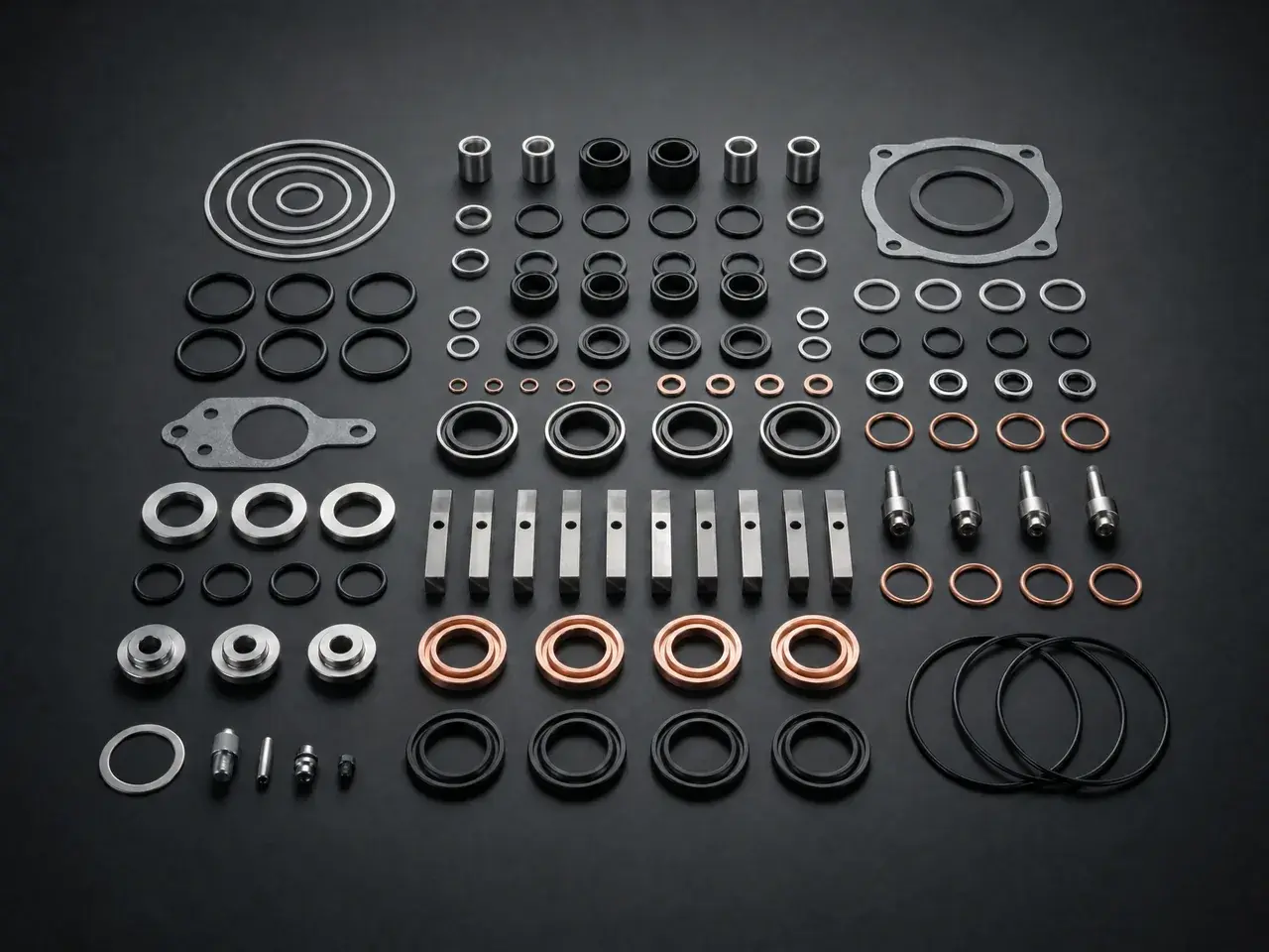 Industrial vacuum pump service kit components including O-rings, seals, gaskets, vanes, and bearings