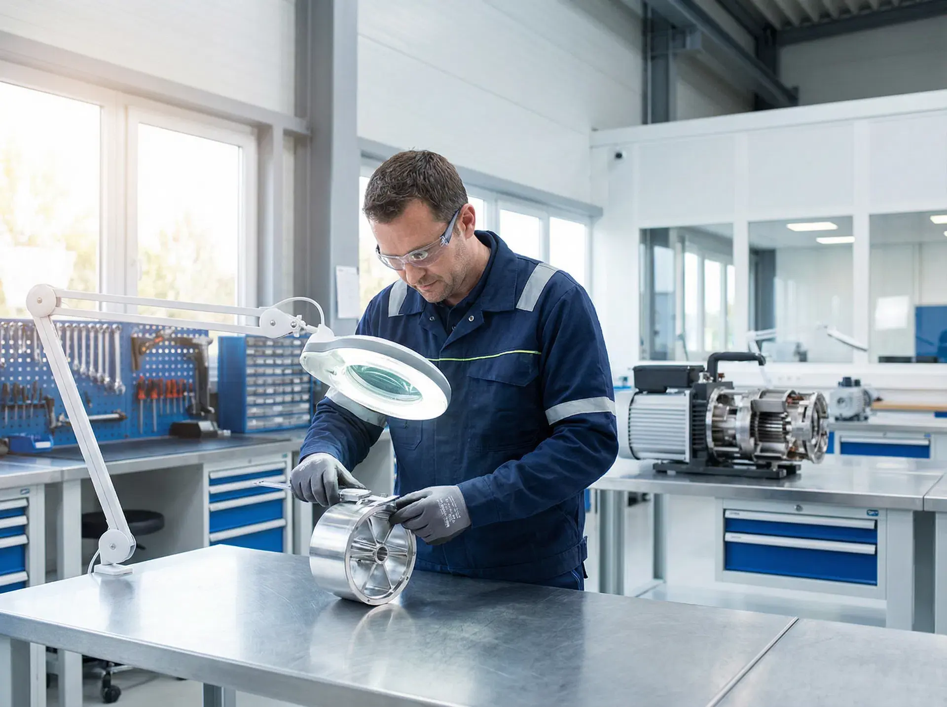 Engineer inspecting precision vacuum pump components in workshop