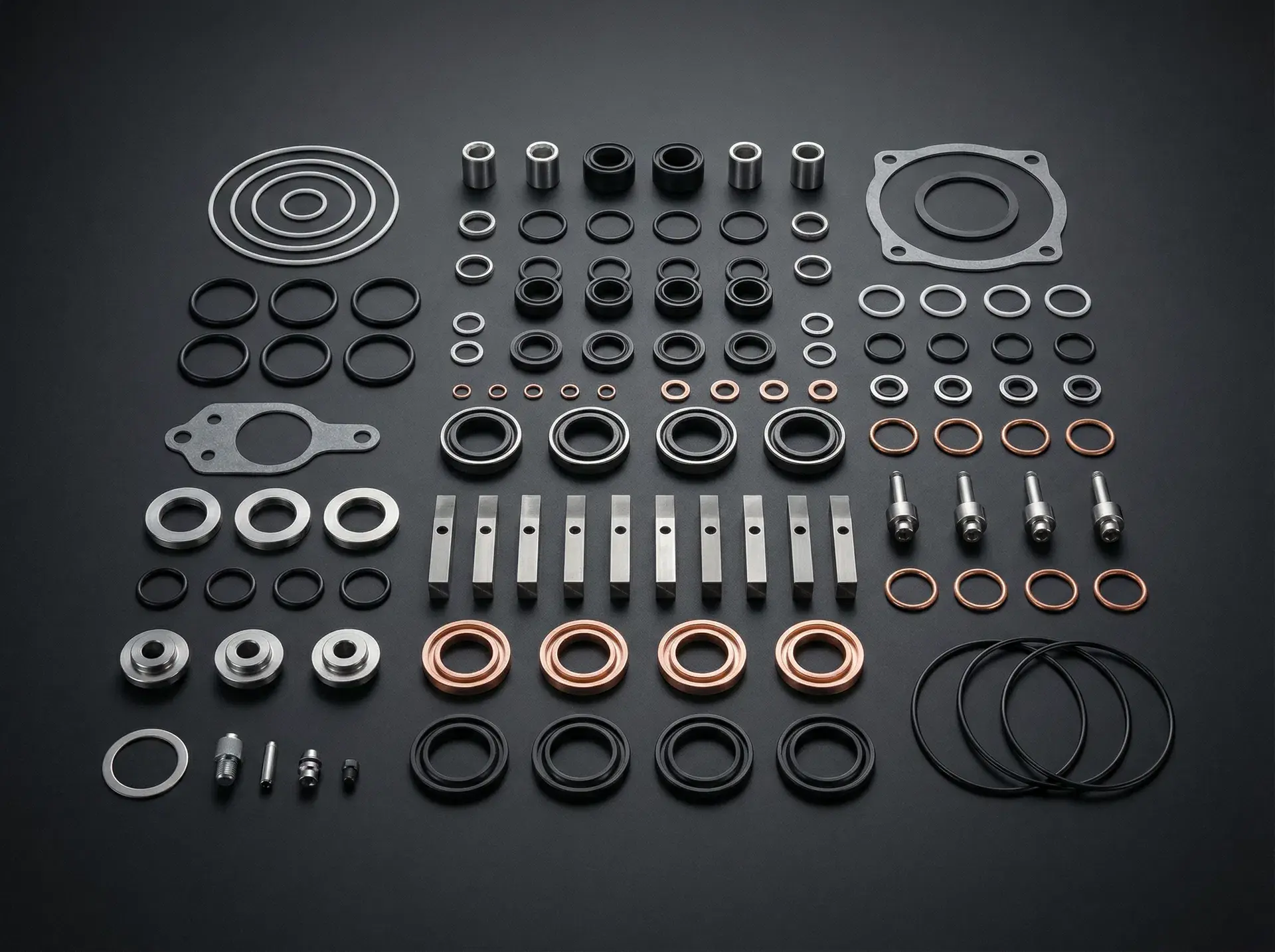 Industrial vacuum pump service kit components including O-rings, seals, gaskets, vanes, and bearings